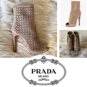 Prada Perforated Suede Ankle Boot, Sand–New!